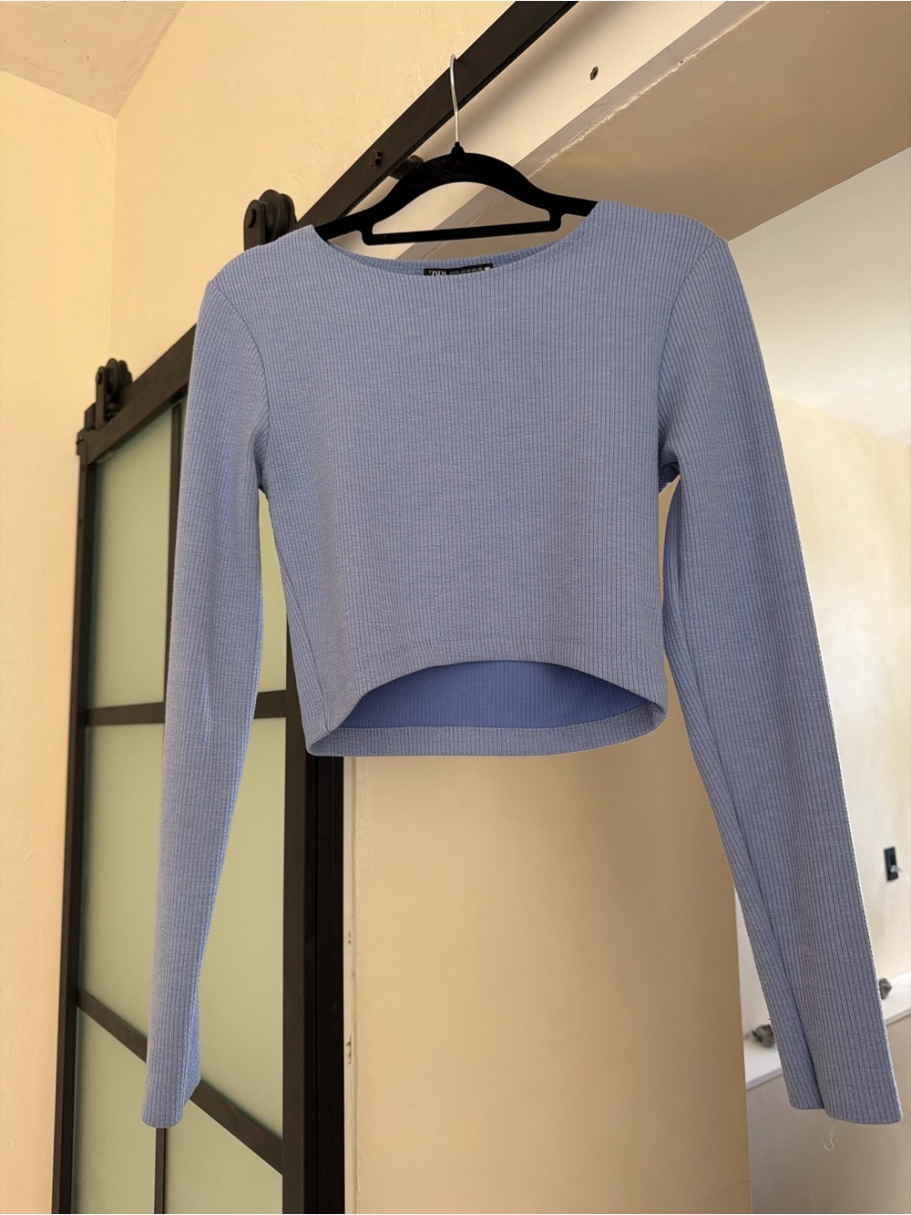 Zara Sky Blue Ribbed Long-Sleeve Cropped Top